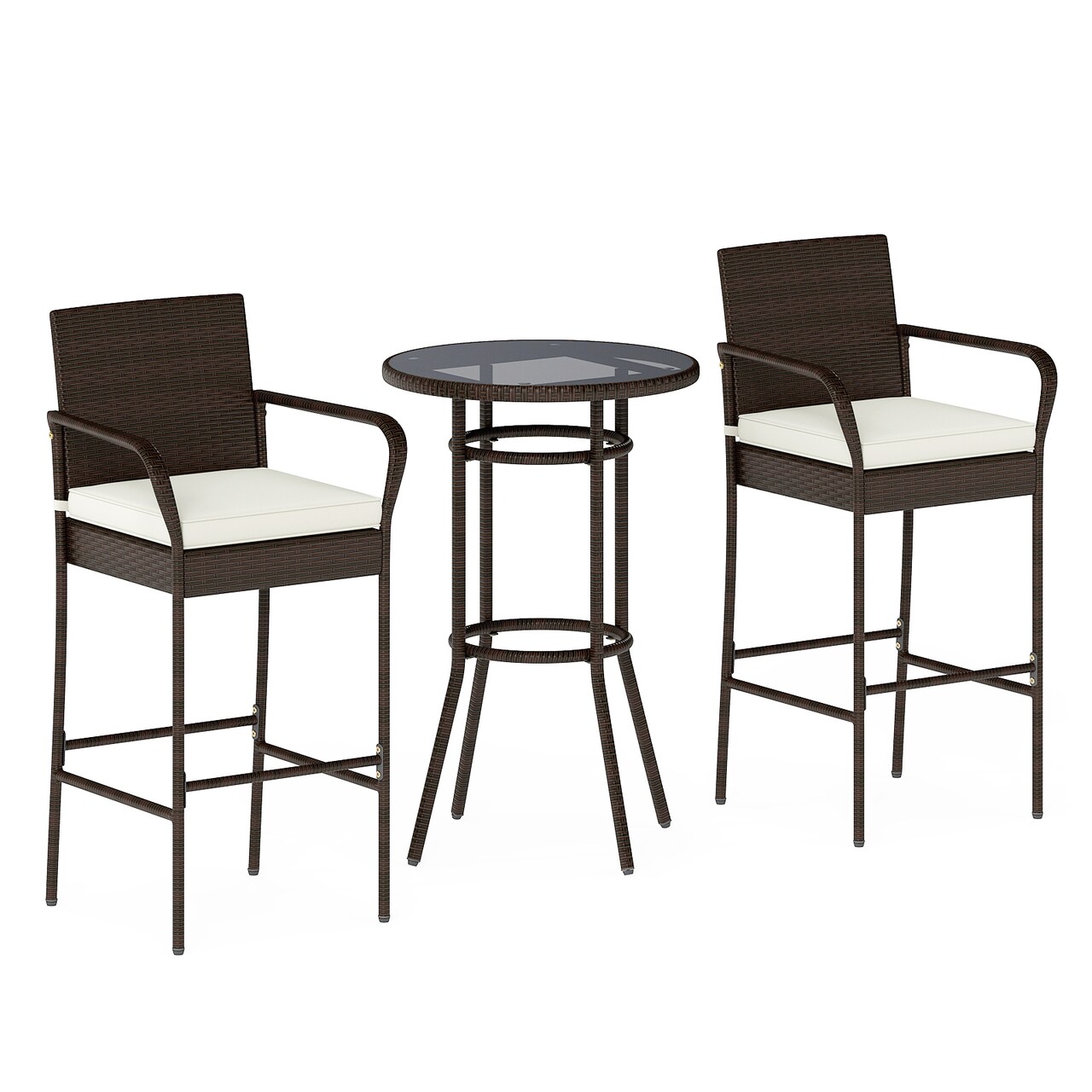 Outdoor Rattan Bar Height Table and Chair Set with 2 Cushions